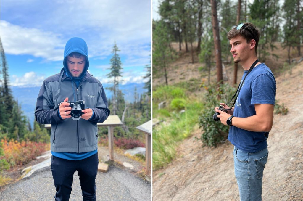 Der Videograph Julian Hafemann ist mit einer Kamera in der Hand während des Filmens zu sehen. Die Ansicht ist einmal von vorne und einmal von der Seite.